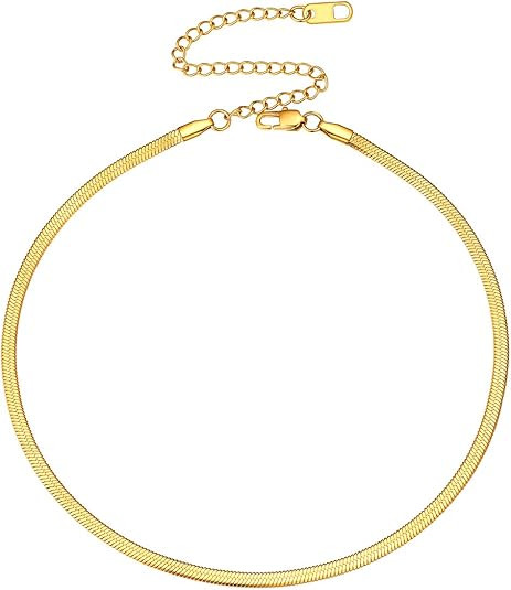 FOCALOOK 3/5mm Flat Snake Chain Stainless Steel Necklace 18k Real Gold Plated for Women Men Teen ... | Amazon (US)