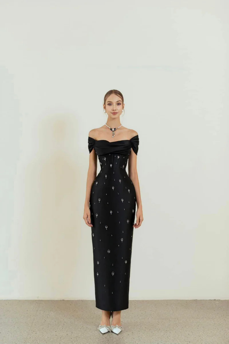 VIVIAN BLACK OFF-SHOULDER PENCIL MIDI DRESS | HACCHIC COUTURE | CULT MIA | CULT MIA UK LTD