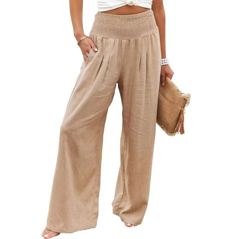 Diconna Women's Summer Elastic Waist Wide Leg Loose Cotton Linen Palazzo Pants Beach Cover up Kha... | Walmart (US)