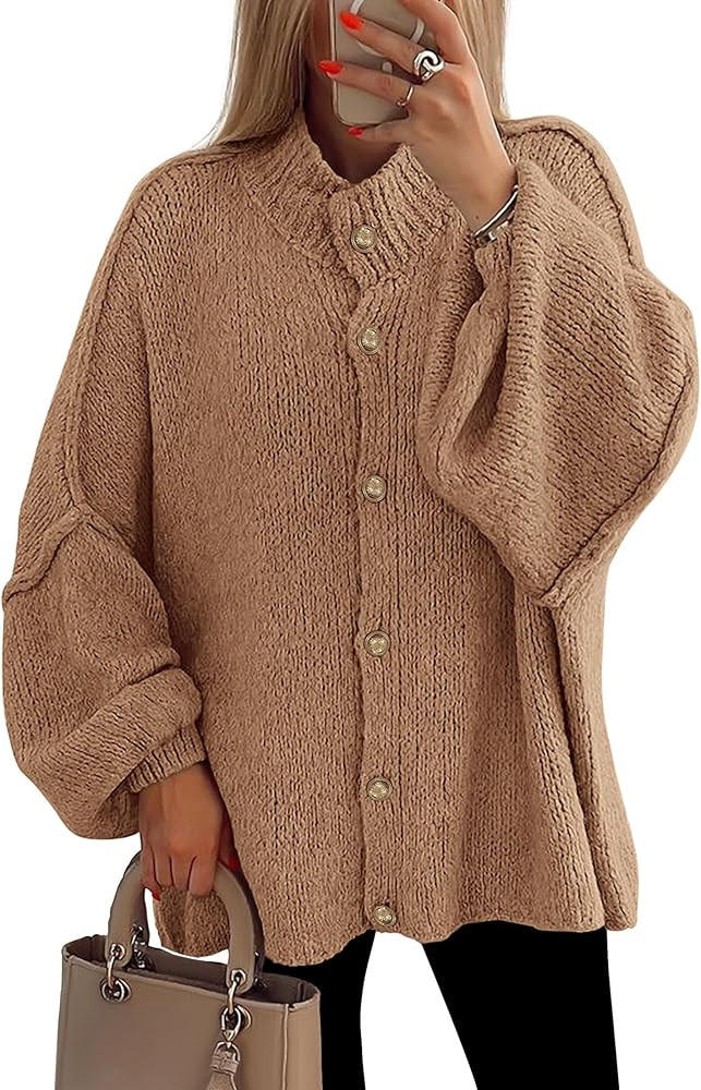 PRETTYGARDEN Women's Winter Button Down Cardigan Sweaters Mock Neck Lantern Long Sleeve Chunky Kn... | Amazon (US)