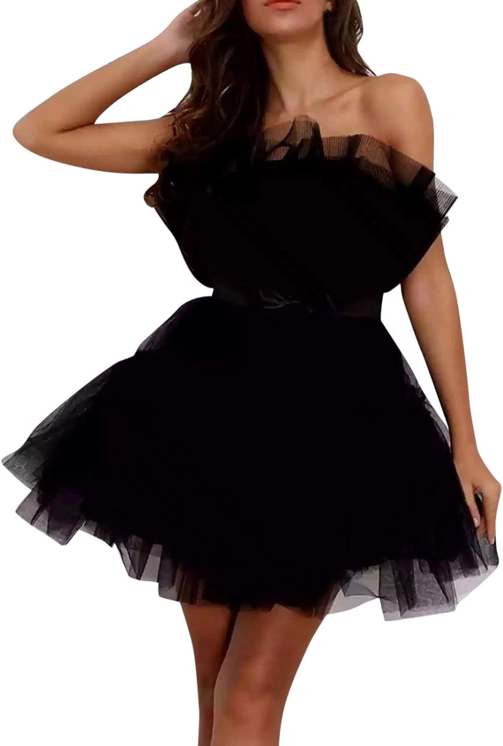Tulle Dress Women Short Puffy Prom Dress Strapless Mesh Birthday Fairy Dresses Ruffle Dress for W... | Amazon (US)