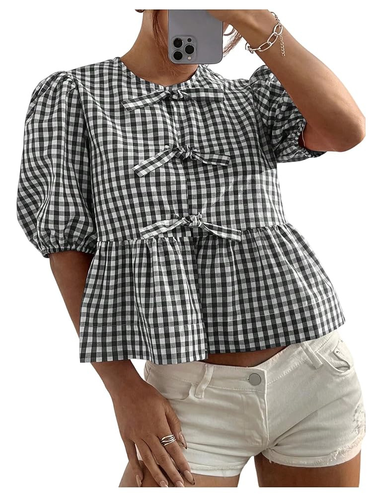 MakeMeChic Women's Plaid Gingham Bow Blouse Puff Sleeve Crew Neck Ruffle Hem Blouses Top | Amazon (US)