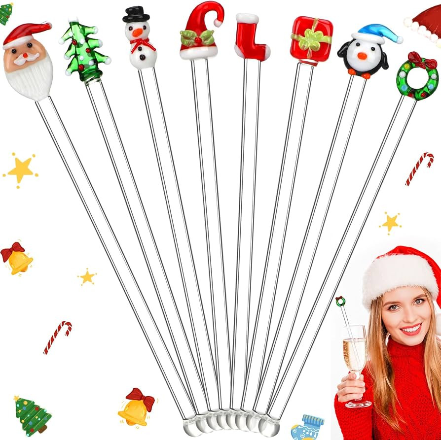 Pickmesh 8 Pcs Christmas Glass Swizzle Sticks Xmas Cocktail Stirrers Snowman Santa Claus Candy Tr... | Amazon (US)