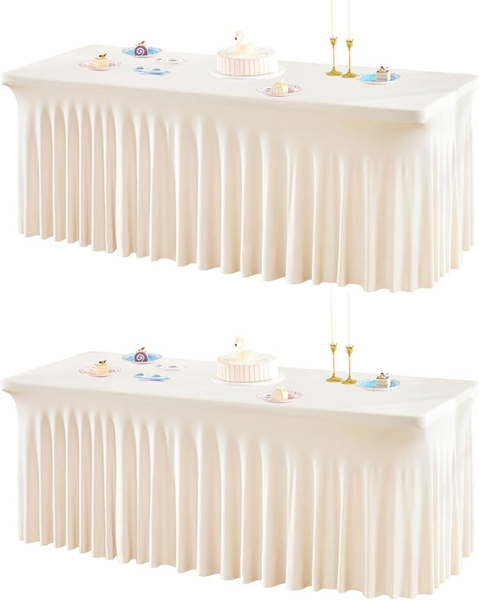 2 Packs Ivory Spandex Tableclothes for 6 Foot Rectangle Tables, Wrinkle Free 6ft Fitted Table Cov... | Amazon (US)