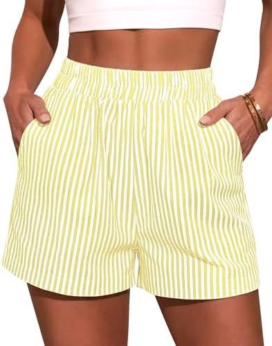 Diosun Womens Striped/Gingham Boxer Shorts Summer Casual Beach Shorts Elastic Waist Straight Leg ... | Amazon (US)
