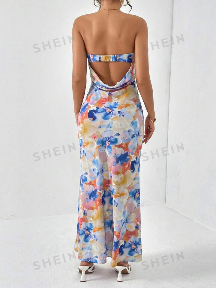 SHEIN Privé Spring Break Floral Print Draped Backless Tube Long Summer Dress | SHEIN