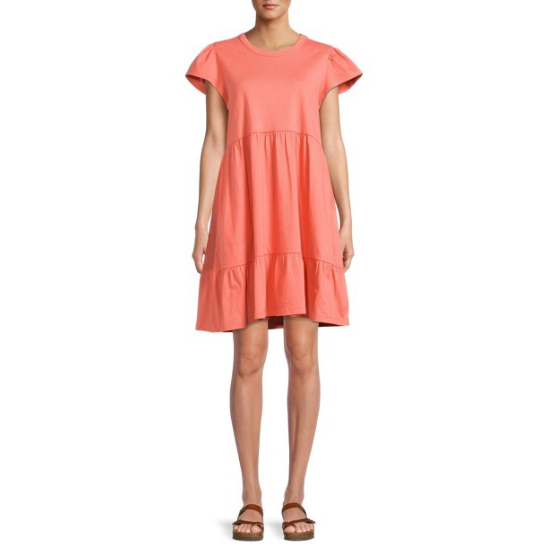 Time and Tru Short Sleeve Tiered Knit Dress for women with Pockets | Walmart (US)