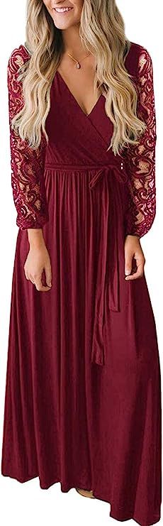 Kranda Womens Vintage Floral Lace Long Sleeve Faux Wrap V Neck Party Long Maxi Dress | Amazon (US)