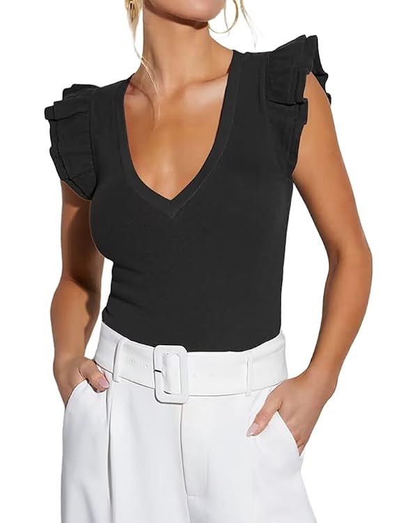 Ezbelle Women's Summer Sleeveless Tops V Neck Ruffle Shirts Knit Ribbed Tank Top Sexy Blouse | Amazon (US)