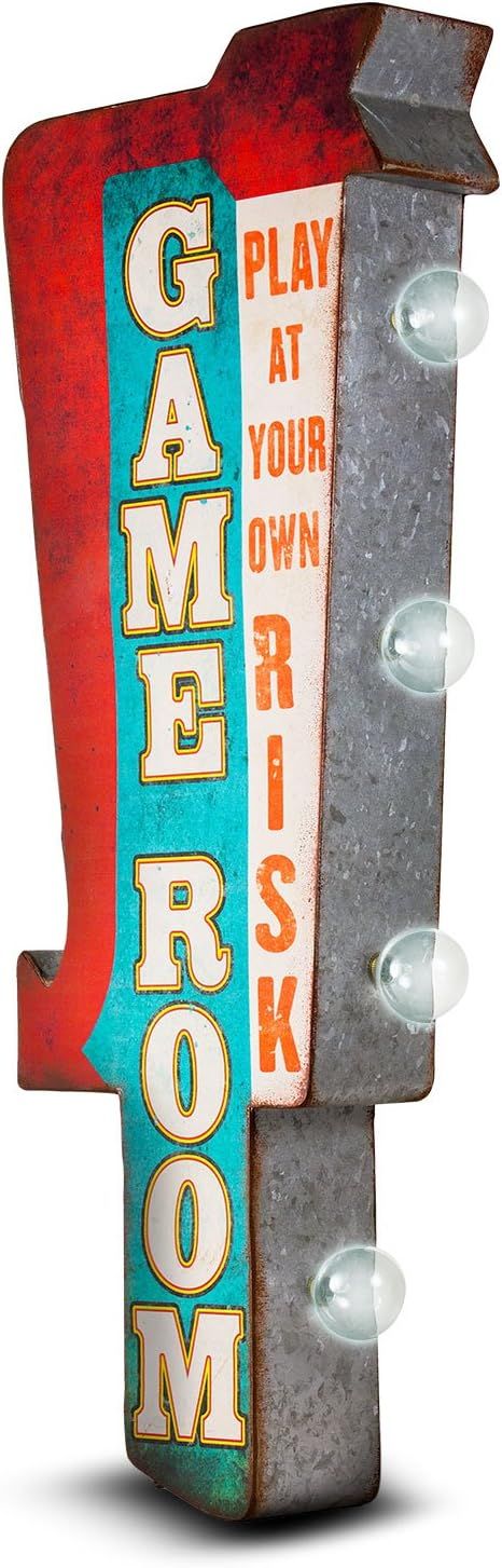 Game Room Sign, Illuminated By Battery Powered Large LED Lights, Double Sided Metal Tin Marquee D... | Amazon (US)