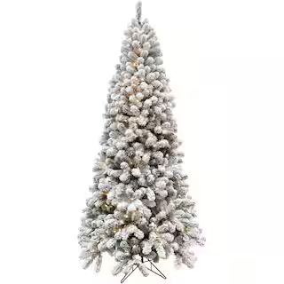 Fraser Hill Farm 7.5-ft. Pre-Lit Snow Flocked Alaskan Pine Artificial Christmas Tree, Warm White ... | The Home Depot