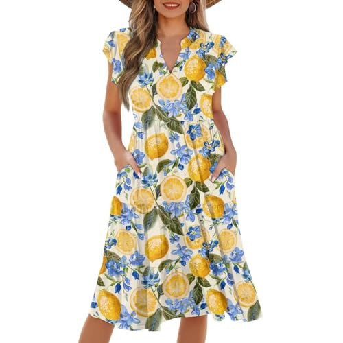 ZWPINITUP Blue Flower Lemon Women Summer Dresses Sundress Sleeveless Casual Loose Swing Midi Dress with Pockets | Amazon (US)