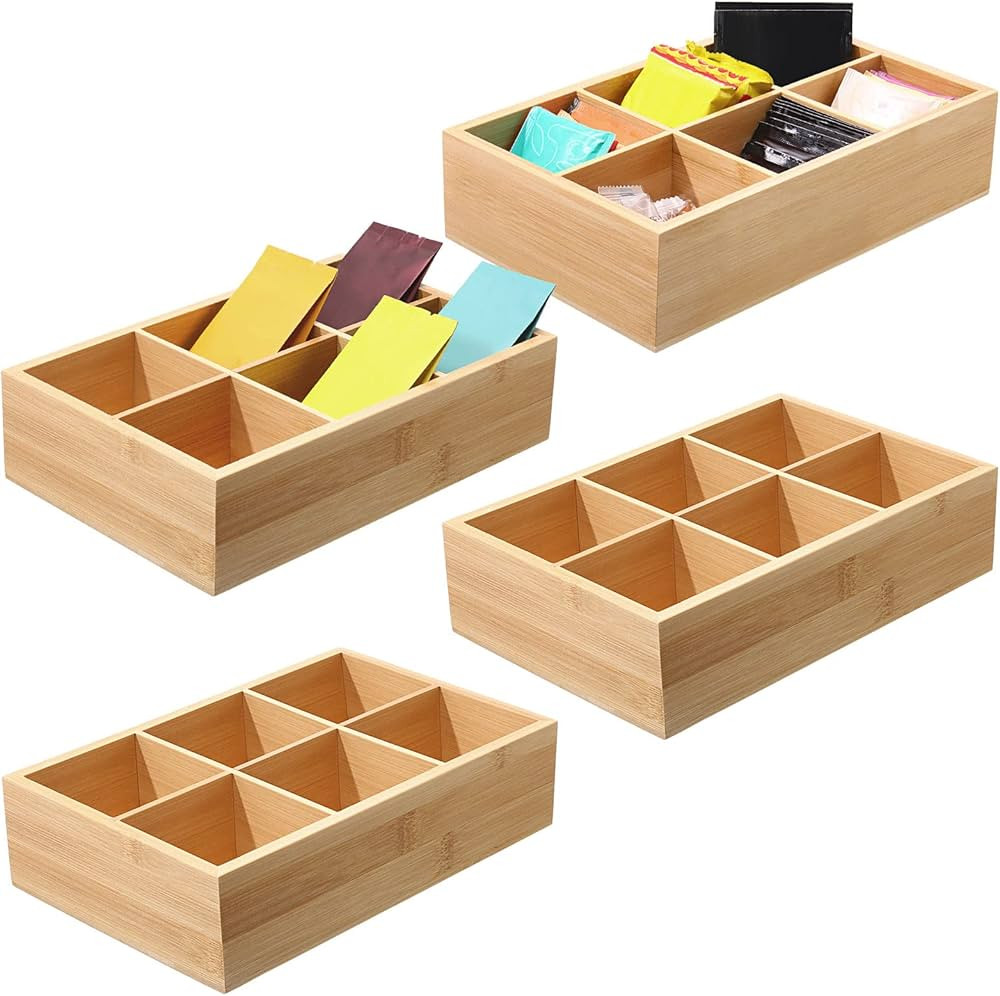 4 Pcs Bamboo Divided Storage Organizer Bamboo Container with 6 Compartments Wood Food Storage Bin... | Amazon (US)