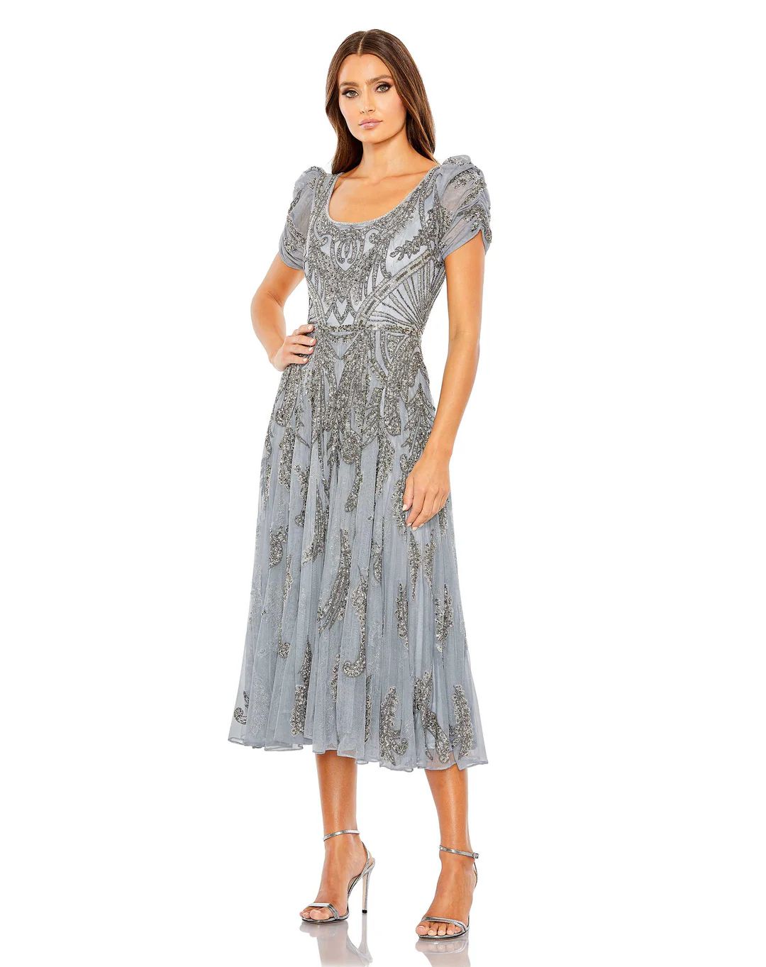 Short Sleeve Beaded Aline Tea Length Dress | Mac Duggal