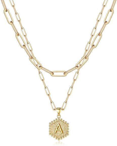 M MOOHAM Dainty Initial Necklaces for Women, 14K-Gold-Plated Layering Necklace for Women Cute Hex... | Amazon (US)