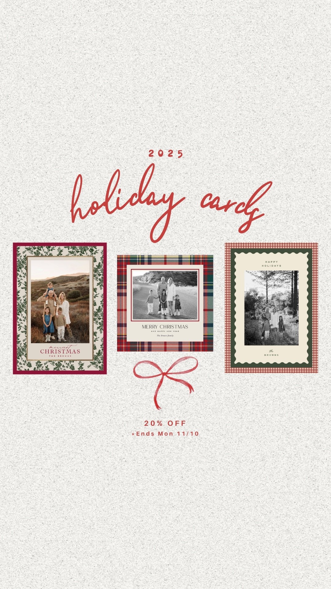 20% off holiday cards with code: HOLIDAY20

Holiday cards 
Christmas cards
Family photos
Christmas card sale
Holiday card sale


#LTKSeasonal #LTKHoliday