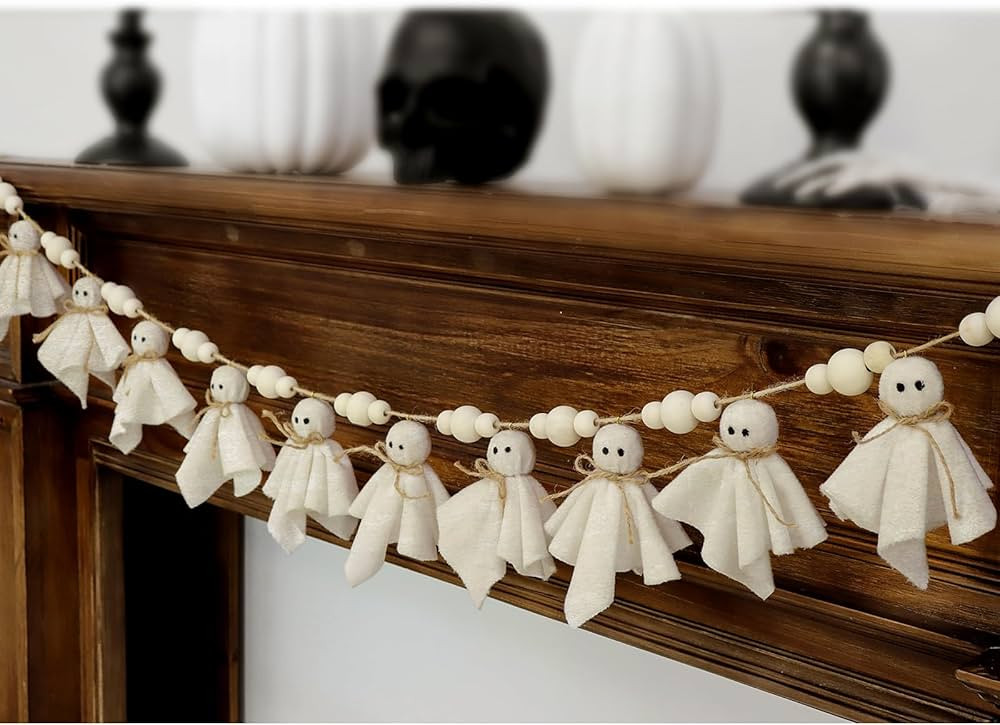 7Ft Cute Halloween Ghost with Wooden Beads Garlands, Handmade Rustic Halloween Banner for Wall Ho... | Amazon (US)
