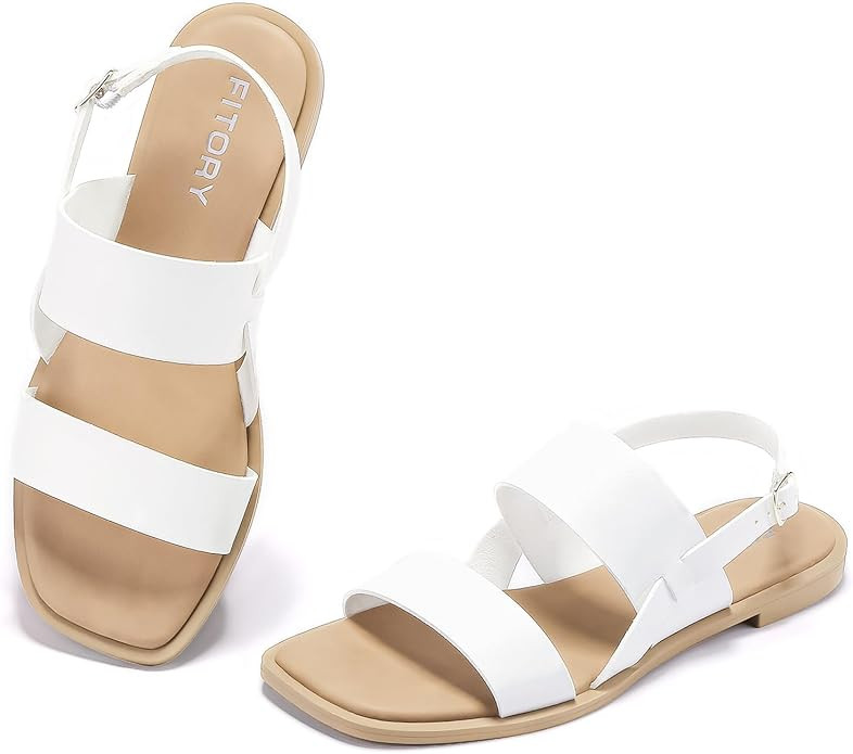 FITORY Women's Flat Sandals Fashionable Square Open Toe Adjustable Buckle Slippers Summer Size 6-... | Amazon (US)