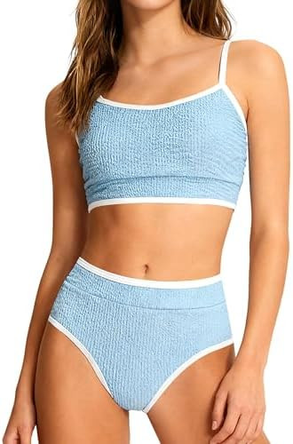 Girls Swimsuit Two Piece Scoop Neck Solid Color Bikini Set Adjustable Strap High Waist Bathing Su... | Amazon (US)
