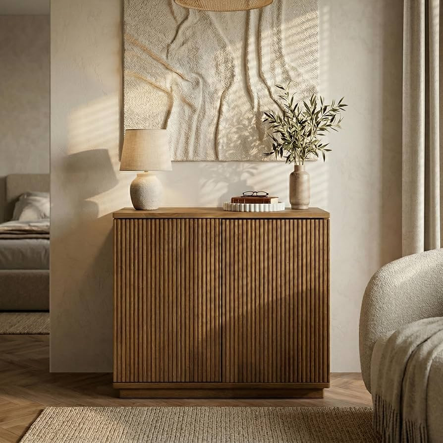 Veil 2 Door Storage Cabinet, Solid Wood Accent Cabinet with Vertical Fluted Doors, Modular Storag... | Amazon (US)