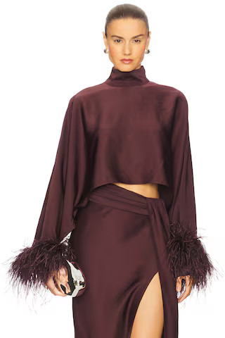 Lapointe Lightweight Satin Caftan Top With Feathers in Mulberry from Revolve.com | Revolve Clothing (Global)