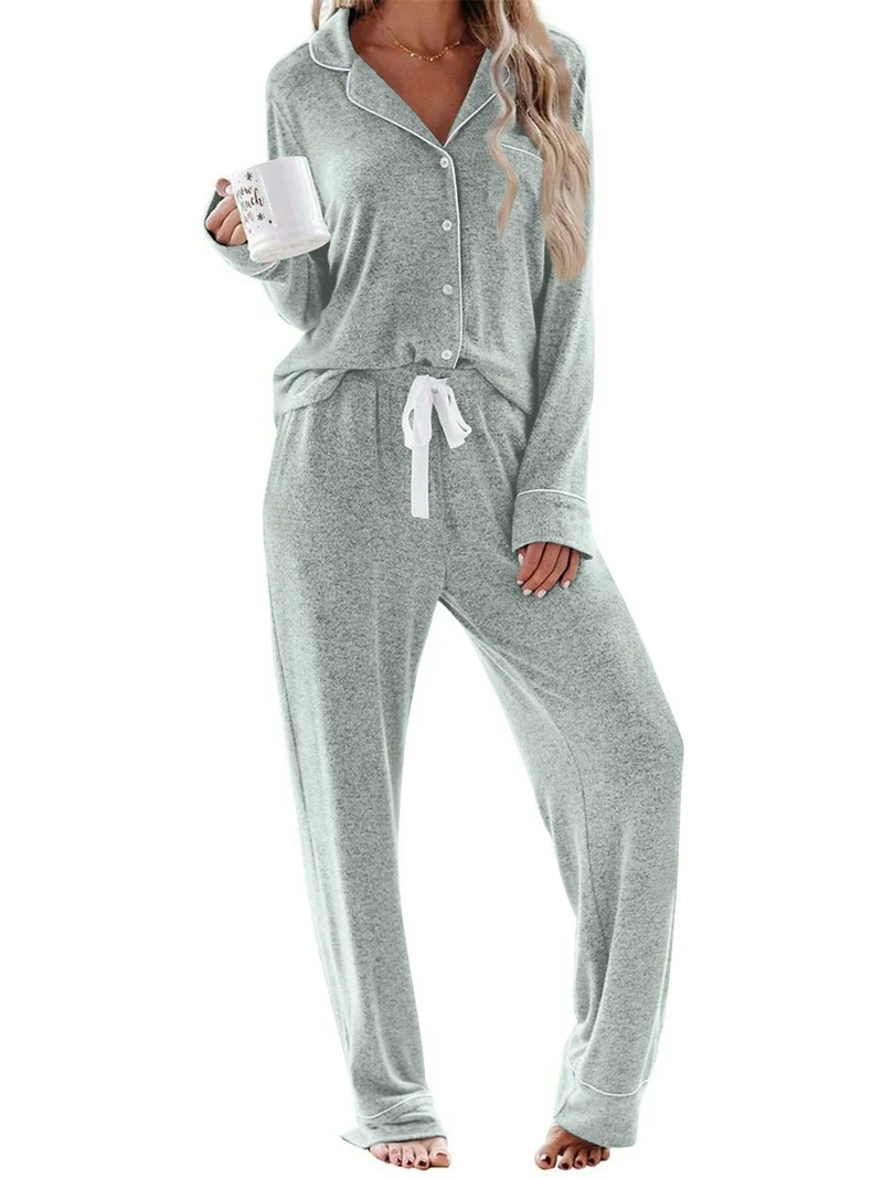 UVN Womens Pajama Sets Long Sleeve Top and Long Pants Soft Pjs Sleepwear Ladies Button Down Loung... | Walmart (US)