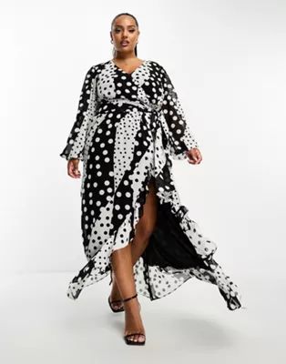 In The Style Plus exclusive volume sleeve wrap maxi dress in mixed spot print | ASOS | ASOS (Global)