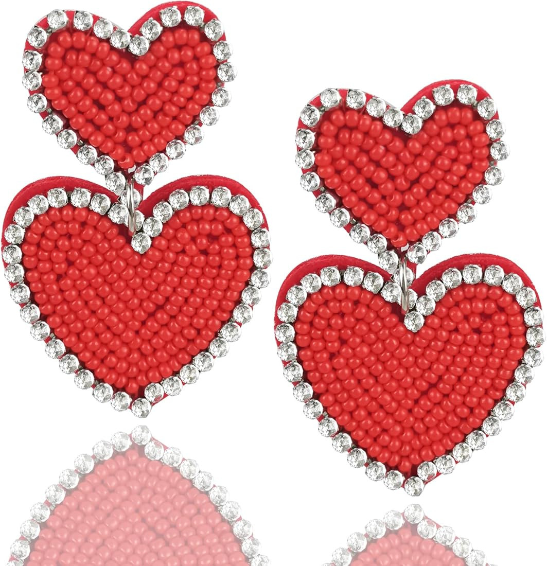 Boho Beaded Earrings Statement Heart Shaped Earrings Handwoven Drop Earrings for Valentine's Day ... | Amazon (US)