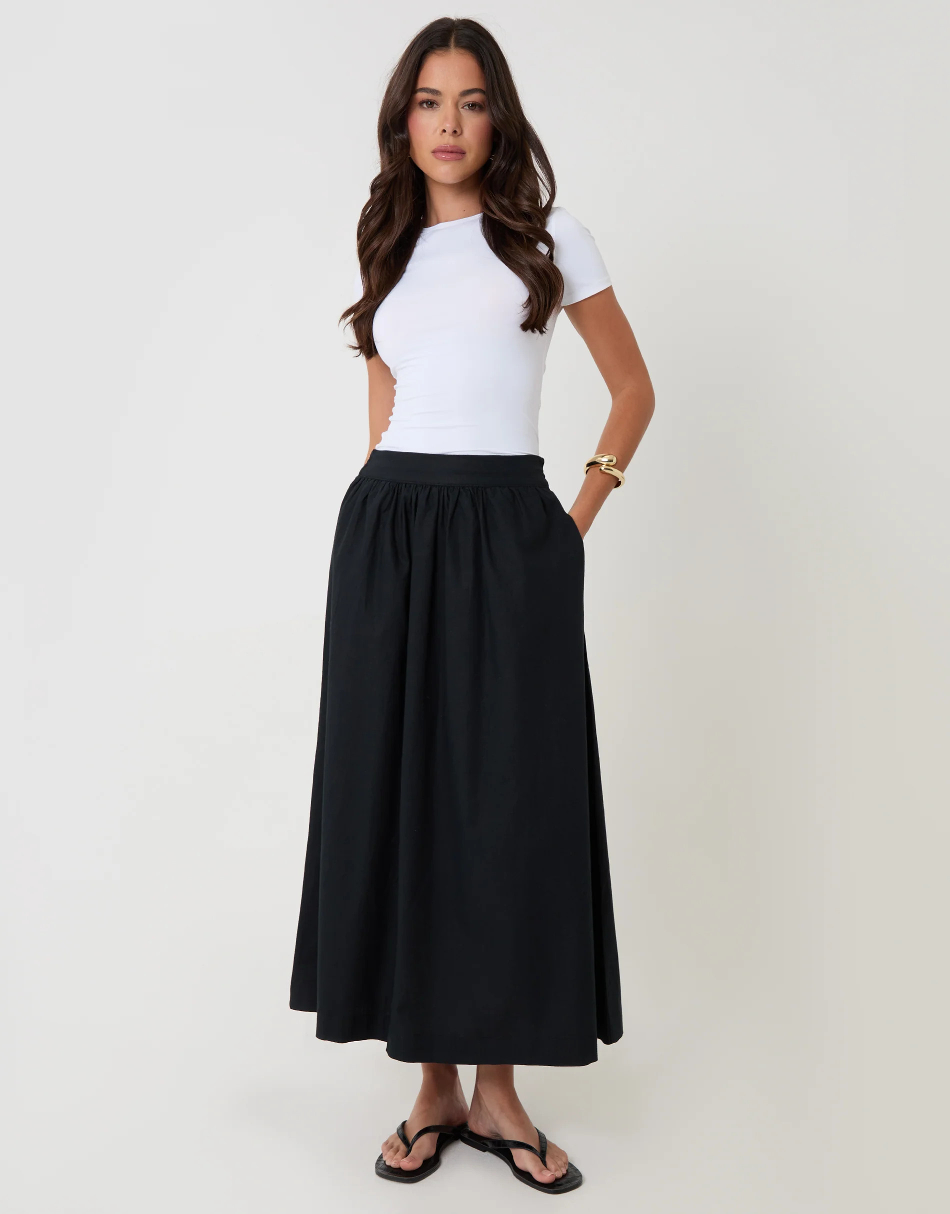 Black Linen Blend Gathered Midaxi Skirt | Threadbare