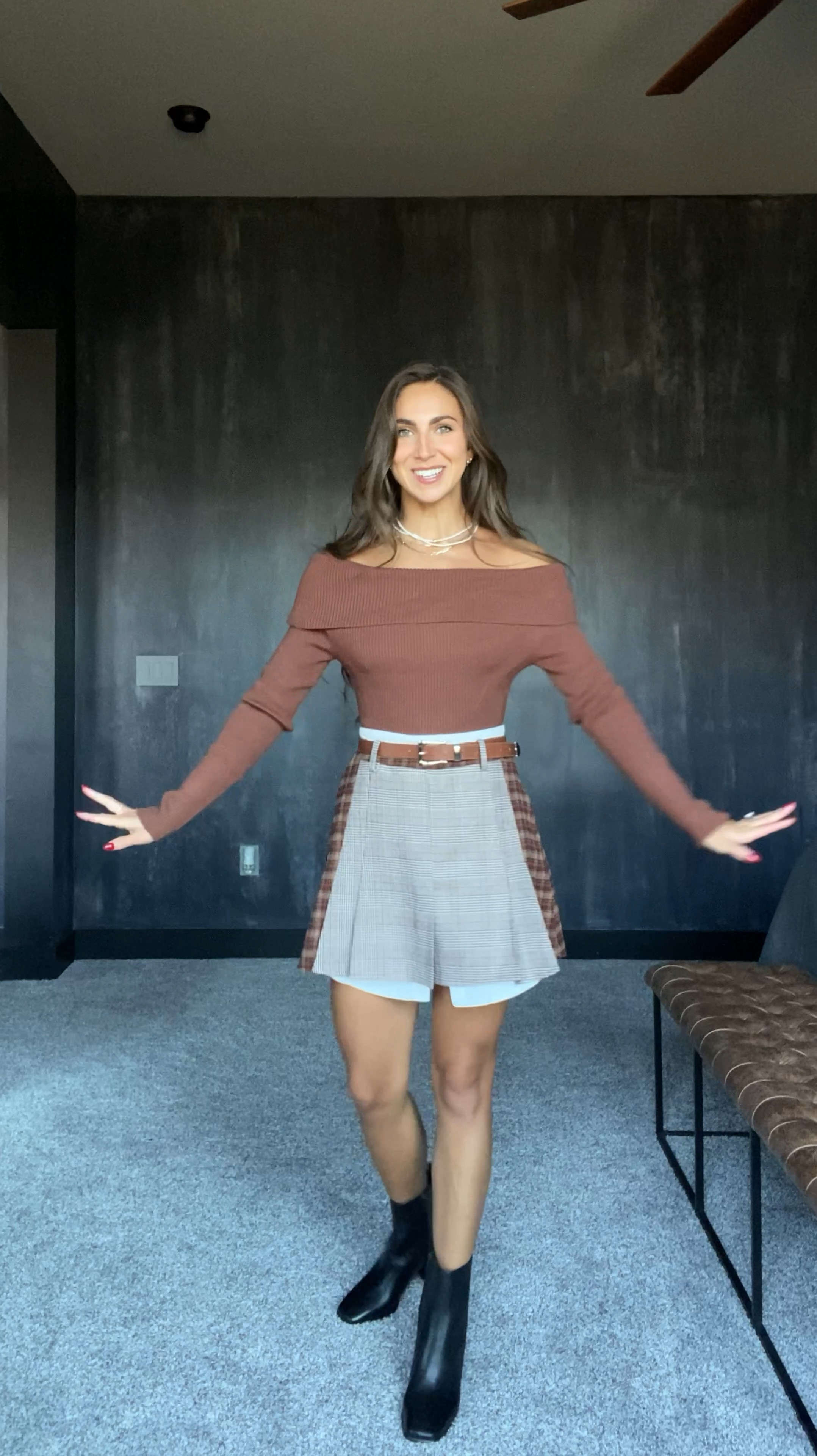 Fall outfit ideas!! I’m wearing a small 

Skirt | plaid | sweater | off the shoulder | winter outfit | boots | classic boots | shirt heels 

#LTKVideo #LTKxNSale #LTKSaleAlert