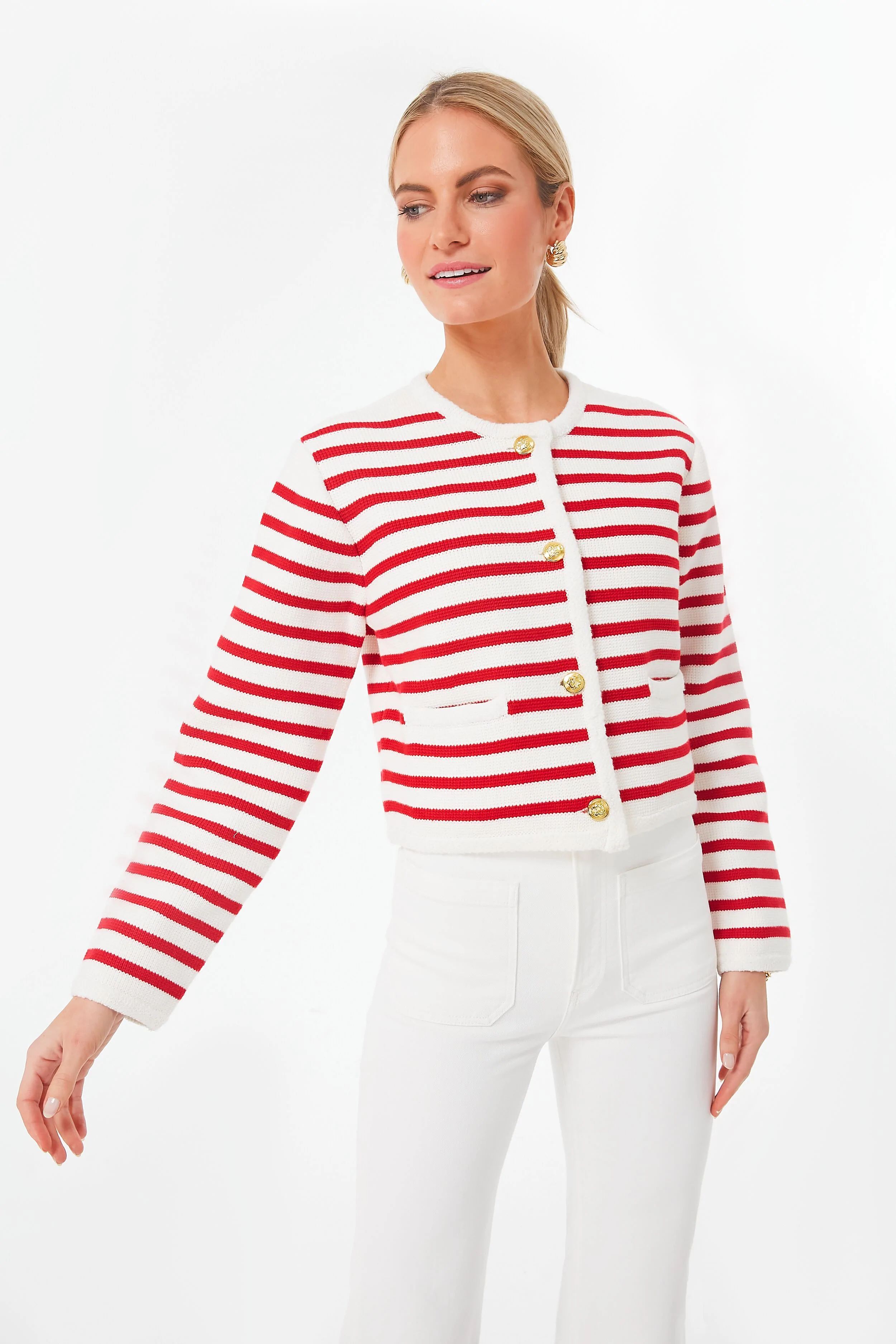 Red & Cream Stripe Annie Structured Cardigan | Tuckernuck (US)