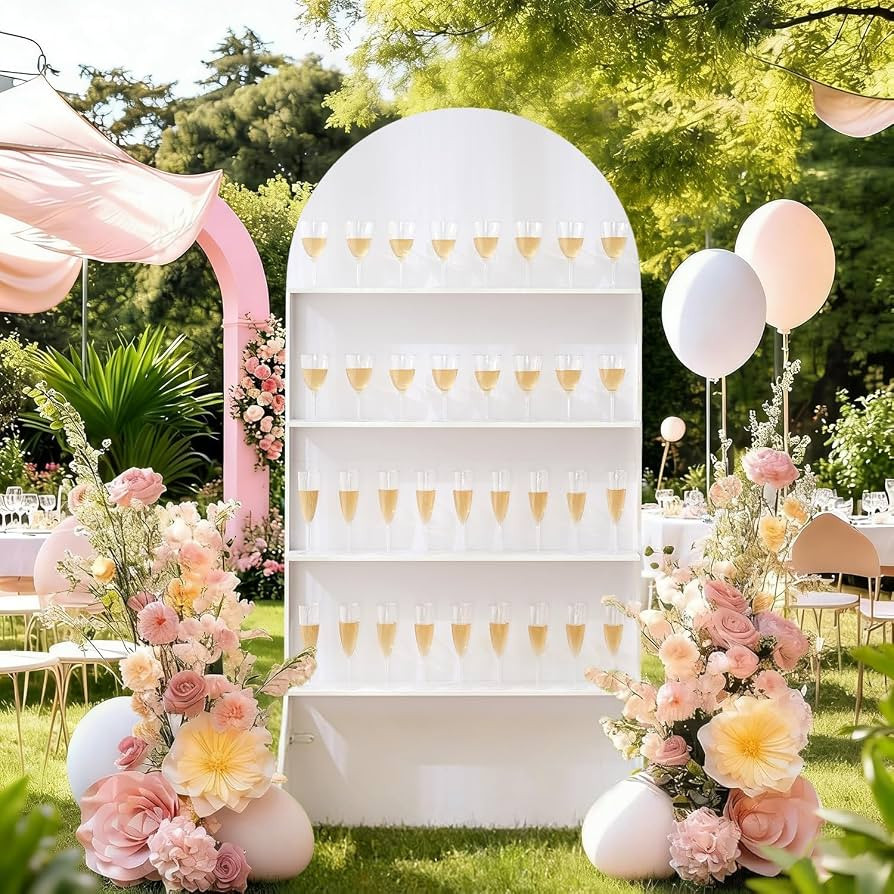 4-Tier Champagne Wall Holder for Party, White Wedding Arch Backdrop Stand Holds 32 Glasses, Frees... | Amazon (US)