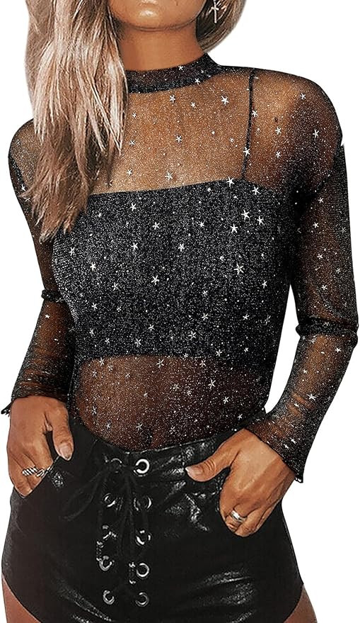 Womens Nashville Mesh Sheer Sparkly Top Glitter Star See Through Tops Tee Shirt Short Sleeve Conc... | Amazon (US)