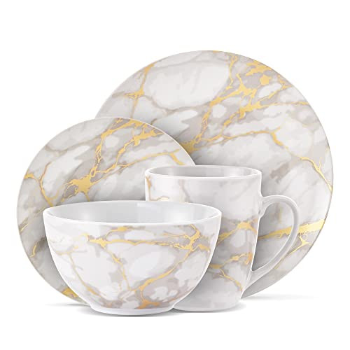 Safdie & Co. - Gold Marble Plates and Bowls Sets, Modern Kitchen 16-Piece Dinnerware Sets, Indoor and Outdoor Plates, with Mugs, Dishwasher Safe | Amazon (US)