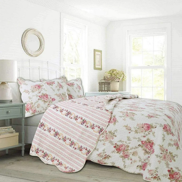 Cozy Line Home Fashions Floral Shabby Chic Spring Rose 100% Cotton 3-Piece Quilt Set, Queen Set | Walmart (US)