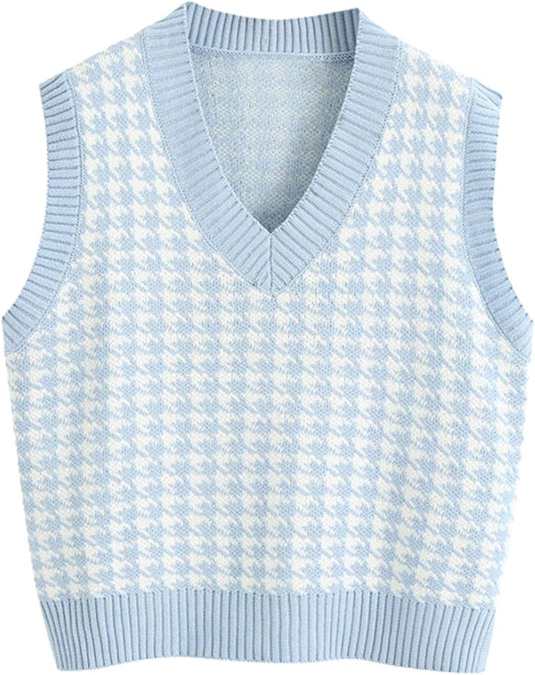 MISSACTIVER Women Houndstooth Knitted Sweater Vest V Neck Casual Loose Oversized Vintage Pullover... | Amazon (US)