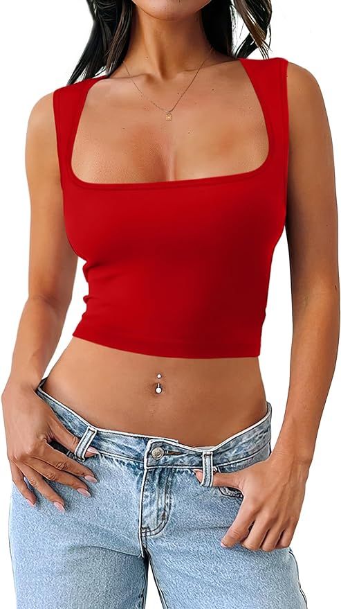 SAMPEEL Womens Square Neck Crop Tops Sleeveless Seamless Going Out Tank Tops Trendy | Amazon (US)