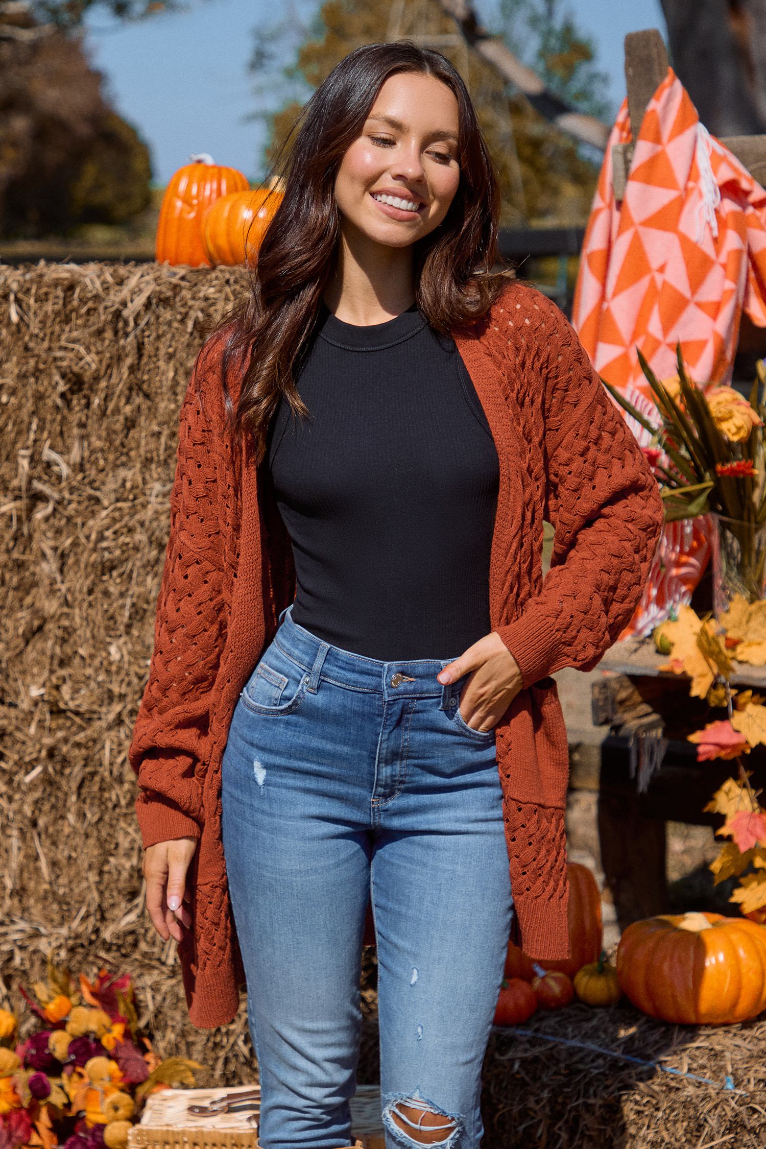 NewBurnt Orange Open Front Patch Pocket Longline Cardigan | Cupshe US