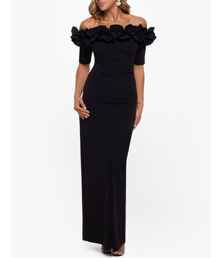 Ruffled Off-the-Shoulder Short Sleeve Crepe Sheath Gown | Dillard's