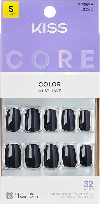 KISS CORE Color Press On Nails Short, Photogenic, Black, Squoval, 32 Count | Amazon (US)