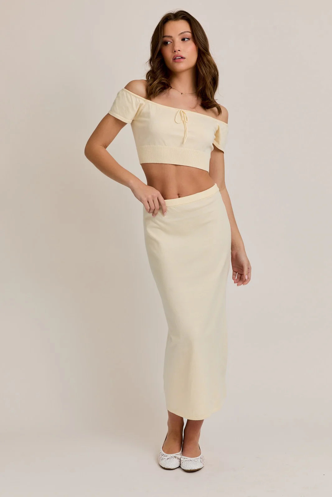 Cream Knit Off Shoulder Crop Top Maxi Skirt Set - Small | PinkBlush Maternity