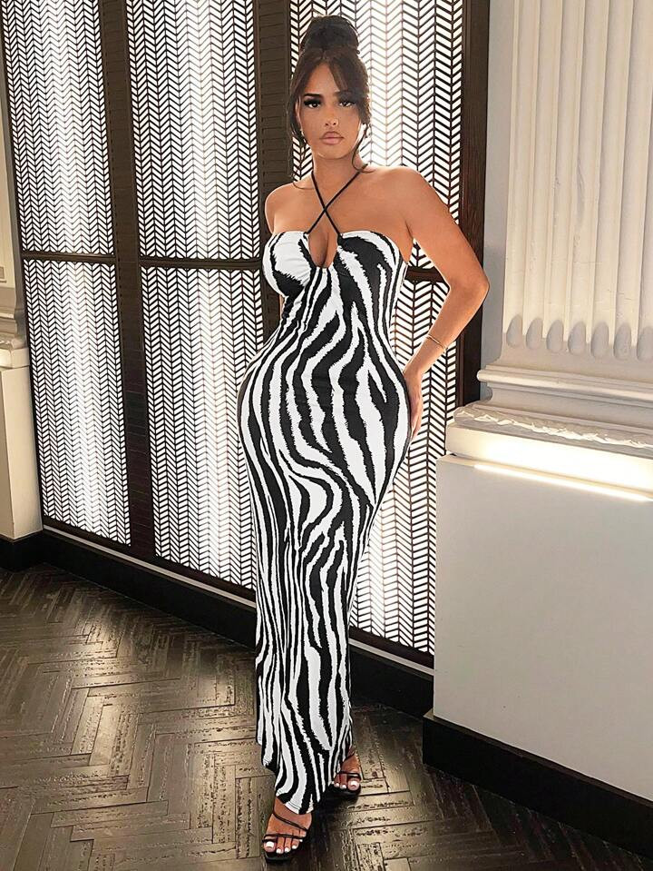 SHEIN SXY Zebra Striped Crisscross Tie Backless Halter Bodycon Dress | SHEIN