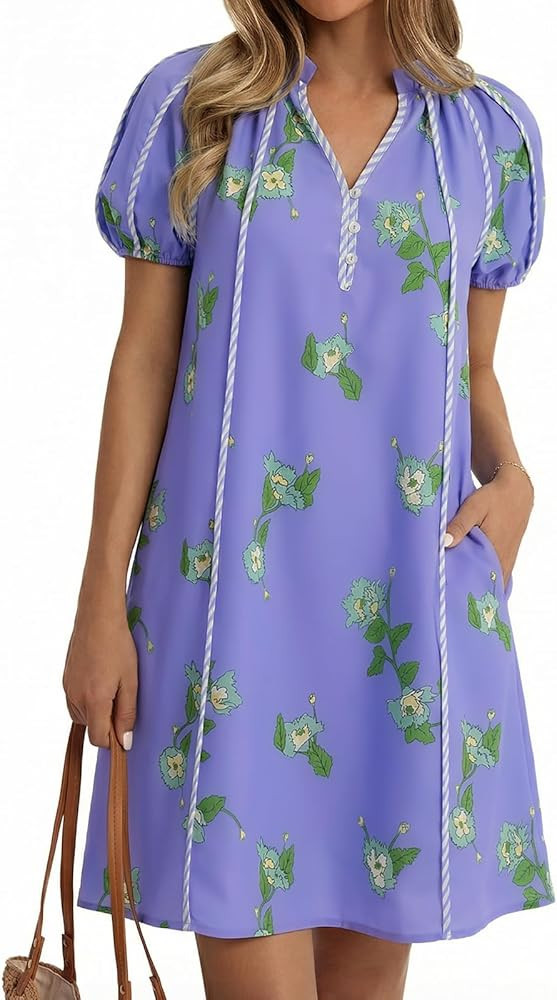 Cicy Bell Womens Summer Puff Sleeve Mini Dresses Floral Print Ruffle Button V Neck Dress Loose Fi... | Amazon (US)