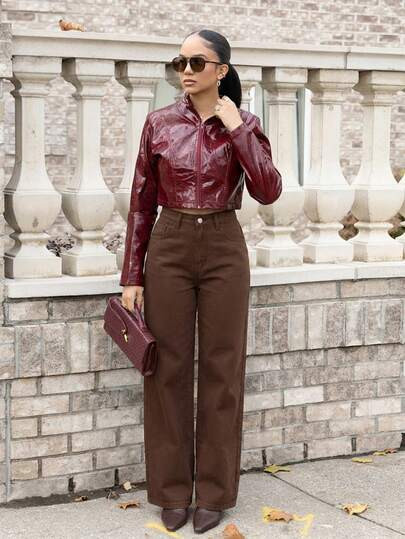 Melissa Matos Women's Solid Color Front Button Pocket Casual Denim Pants | SHEIN