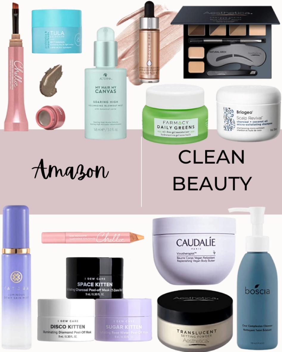 Amazon clean beauty products include  Alterna My Hair My Canvas Soaring High Volumizing Blowout Mist, boscia Clear Complexion Cleanser, riogeo Scalp Revival Charcoal + Coconut Oil Micro-Exfoliating Shampoo, Chella Highlighter Pencil, Aesthetica Translucent Setting Powder, Caudalie Vinotherapist Replenishing Vegan Body Butter, COVER FX Custom Enhancer Drops Liquid Highlighter, Farmacy Daily Greens Oil Free Gel Face Moisturizer, Tatcha Luminous Dewy Skin Mist, Aesthetica Brow Contour Kit 16-Piece Eyebrow Makeup Palette, I Dew Care Peel Off Face Mask Set, and TULA Skin Care 24-7 Moisture Hydrating Day and Night Cream.

Clean beauty products, beauty products, beauty, Amazon beauty, Amazon clean beauty, stocking stuffers

#LTKunder50 #LTKunder100 #LTKbeauty