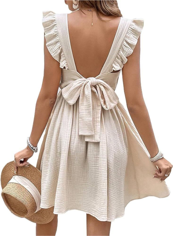 CUPSHE Women's Mini Dress V Neck Flutter Sleeve Cotton Self Tie Back A Line Short Summer Cover Up... | Amazon (US)