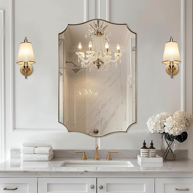 MIRRORART Scalloped Gold Bathroom Mirror 24x36 Inch, Brass Mirrors for Bathroom Sink Wavy Top Des... | Amazon (US)