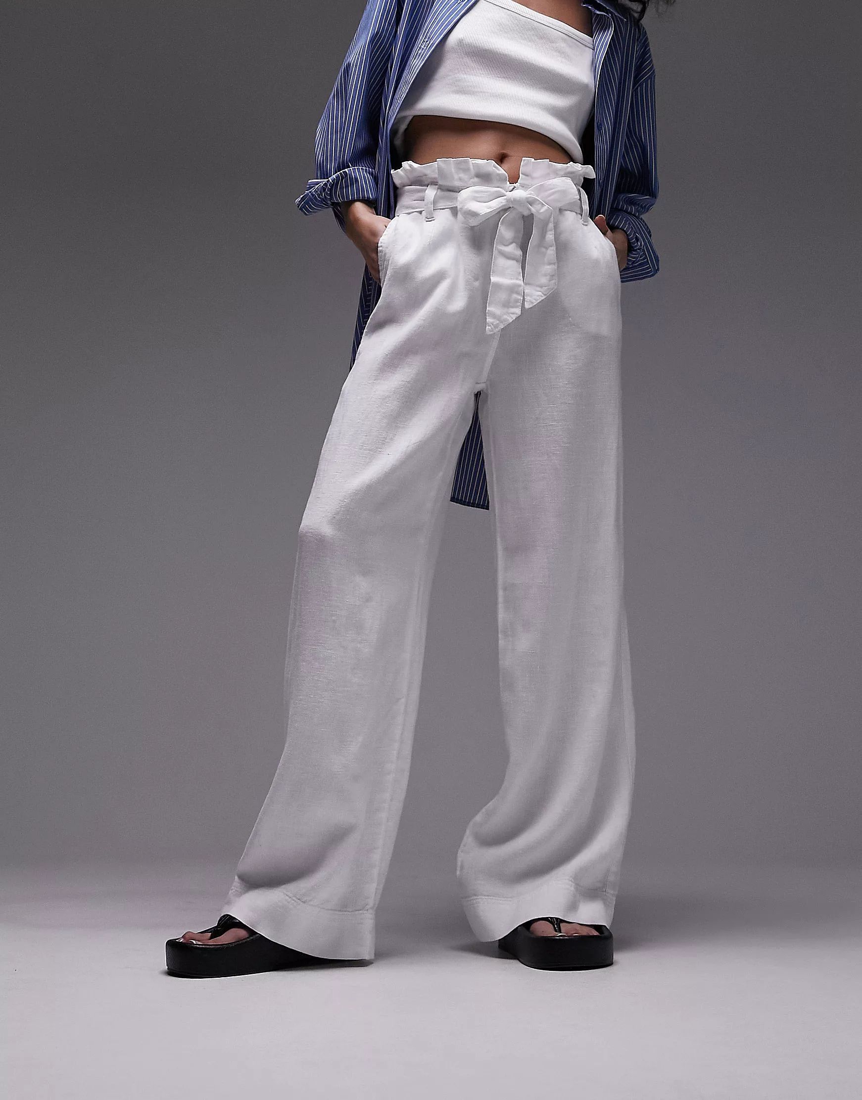 Topshop linen high waist paperbag wide leg pants in white | ASOS (Global)