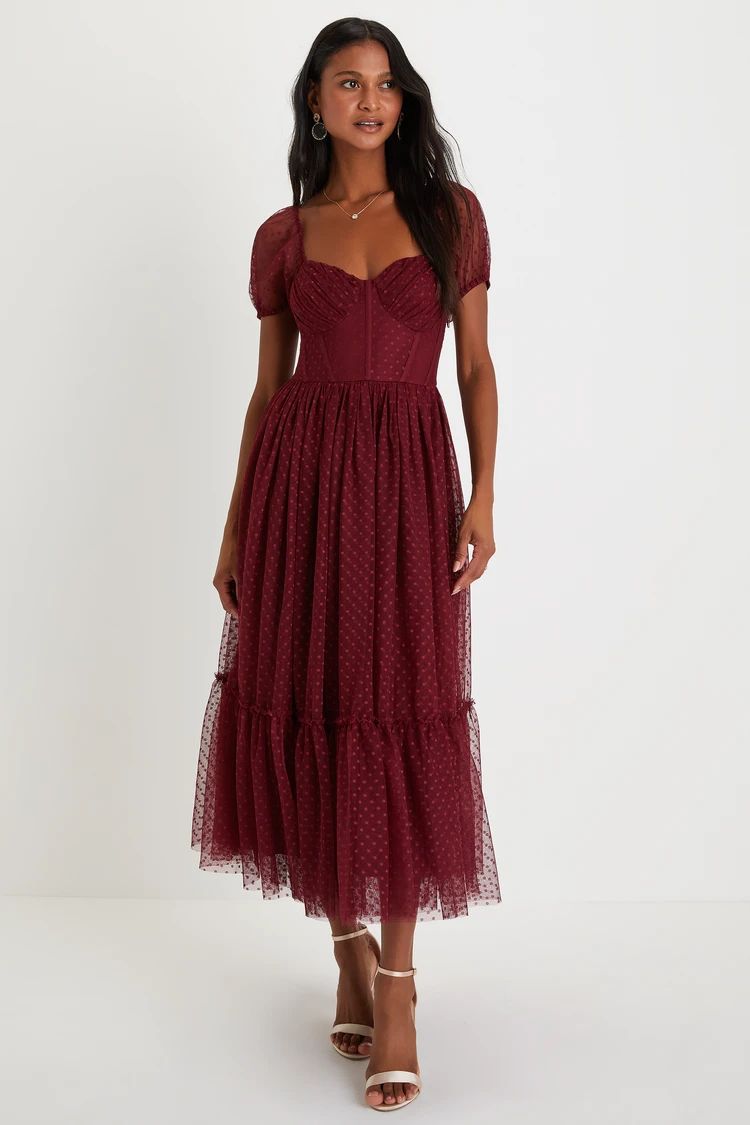 Sweet Amor Burgundy Tulle Swiss Dot Tiered Bustier Midi Dress | Lulus (US)
