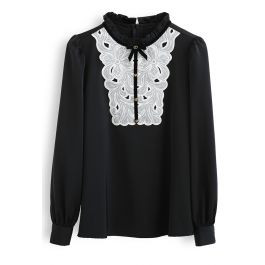 Floral Crochet Piping Satin Top in Black | Chicwish